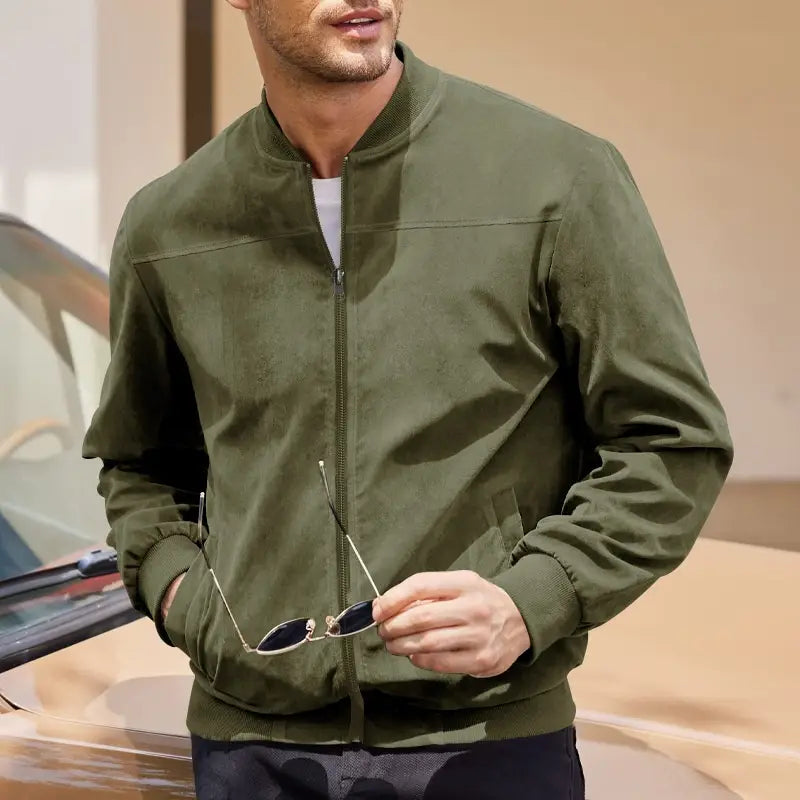 Men suede casual retro jacket in olive green with a matte finish and ribbed cuffs.
