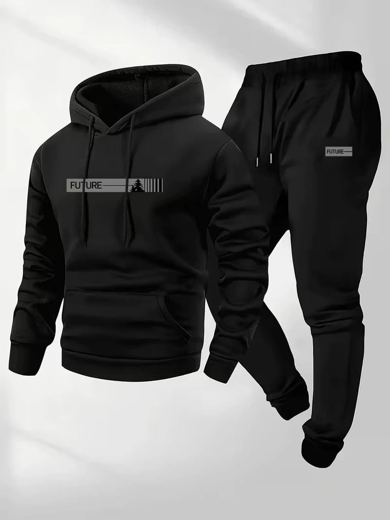 Black future graphic fleece hoodie and jogger lounge set featuring a minimalist white text and tree silhouette on the chest.