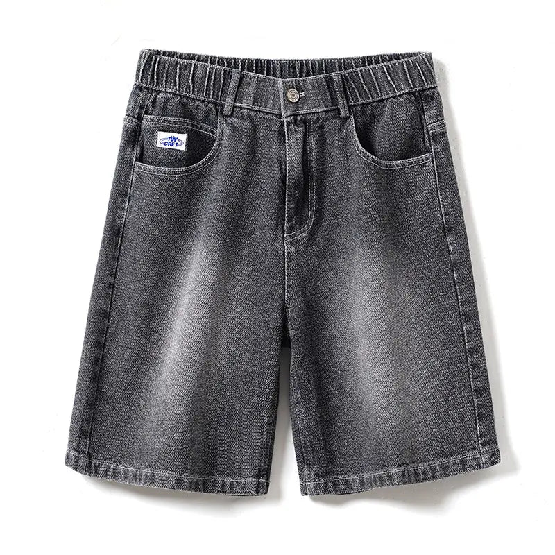 men’s dark gray denim shorts with elastic waistband and relaxed fit made from light wash denim material
