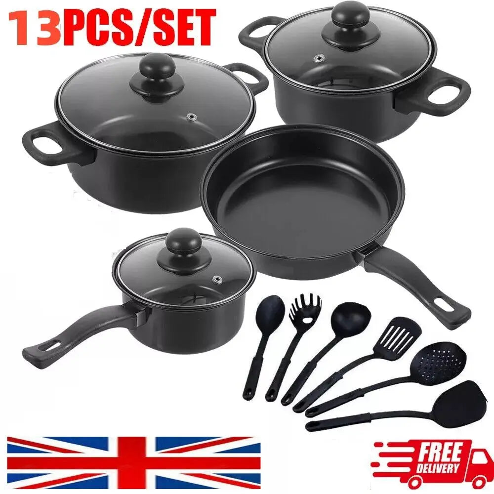 Black non-stick cookware set with glass lids and matching black utensils featuring 13 pieces designed for versatile cooking needs.