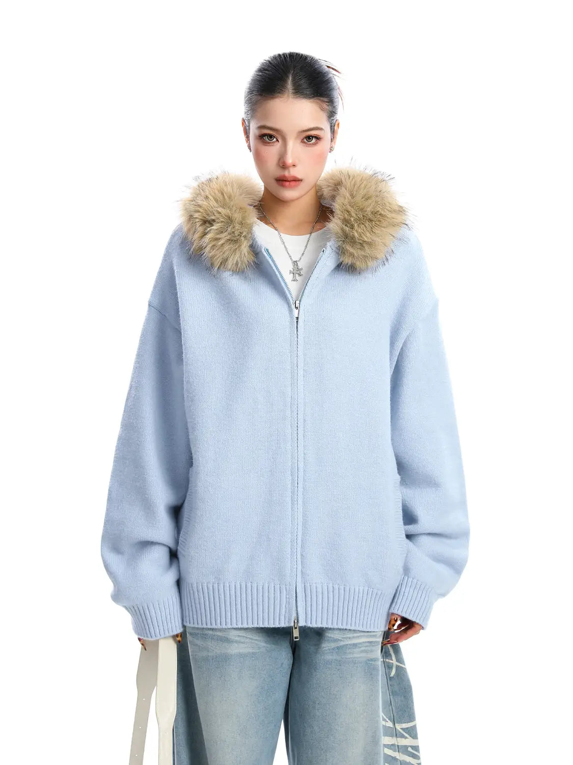 Light blue zip-up knit coat with a fluffy beige fur-lined hood featuring a fur collar hooded design.