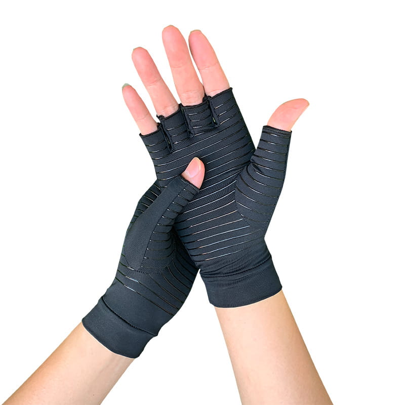 black fingerless arthritis compression gloves with ribbed texture and elastic cuffs for support and pain relief.