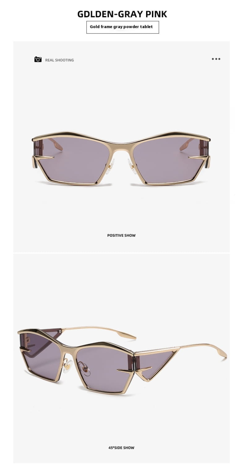 Geometric shield uv400 fashion sunglasses with golden-gray pink gray powder-coated lenses and a sleek gold frame.