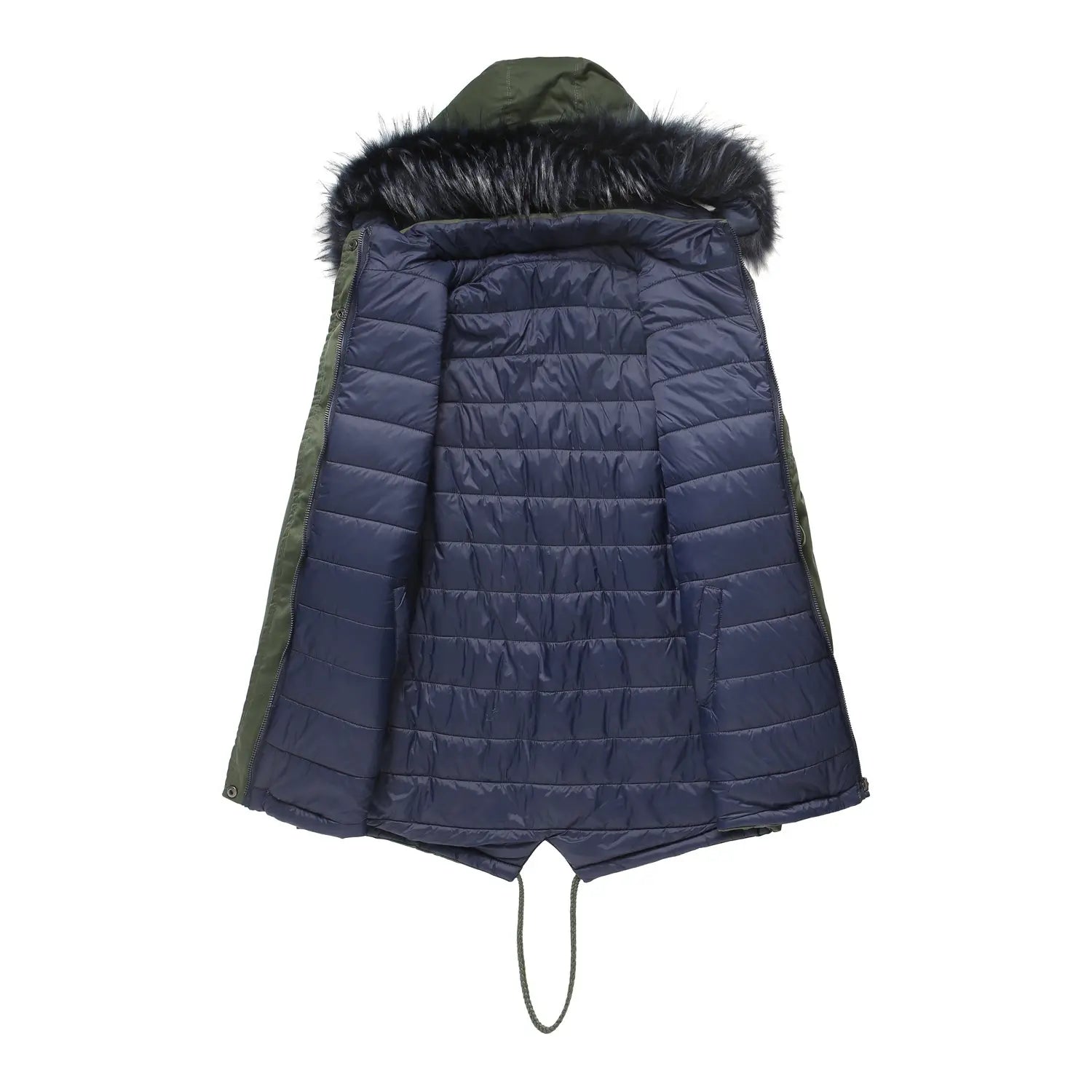 Navy blue quilted winter coat reversible fur collar quilted parka with green hood lined in black faux fur and drawstring at the hem.