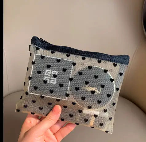 Eine transparente Mesh-Kosmetiktasche mit schwarzen Herzmustern, einem dunkelblauen Reißverschluss und zwei Markenpatches mit den Logos von Givenchy und YSL.