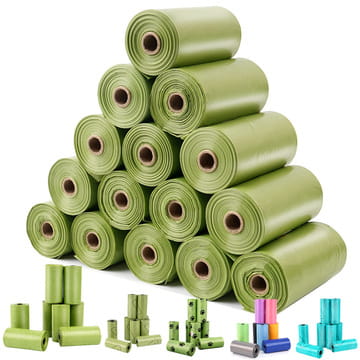 A stack of olive green biodegradable dog waste bags made of thickened reusable plastic with matching roll holders for pet waste disposal.