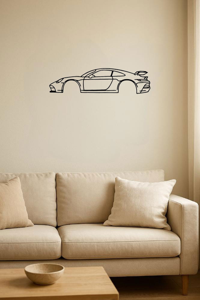 Schwarz gezeichnete Line-Art-Metall-Wanddekoration einer Porsche 911 Sportwagen-Silhouette, entworfen als Retro-Auto-Silhouette-Wandkunst.