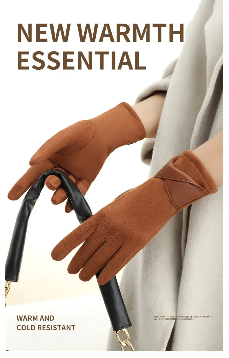 Brown touchscreen fleece lined bow gloves showing the back side with warm and cold-resistant material and a black leather strap detail.