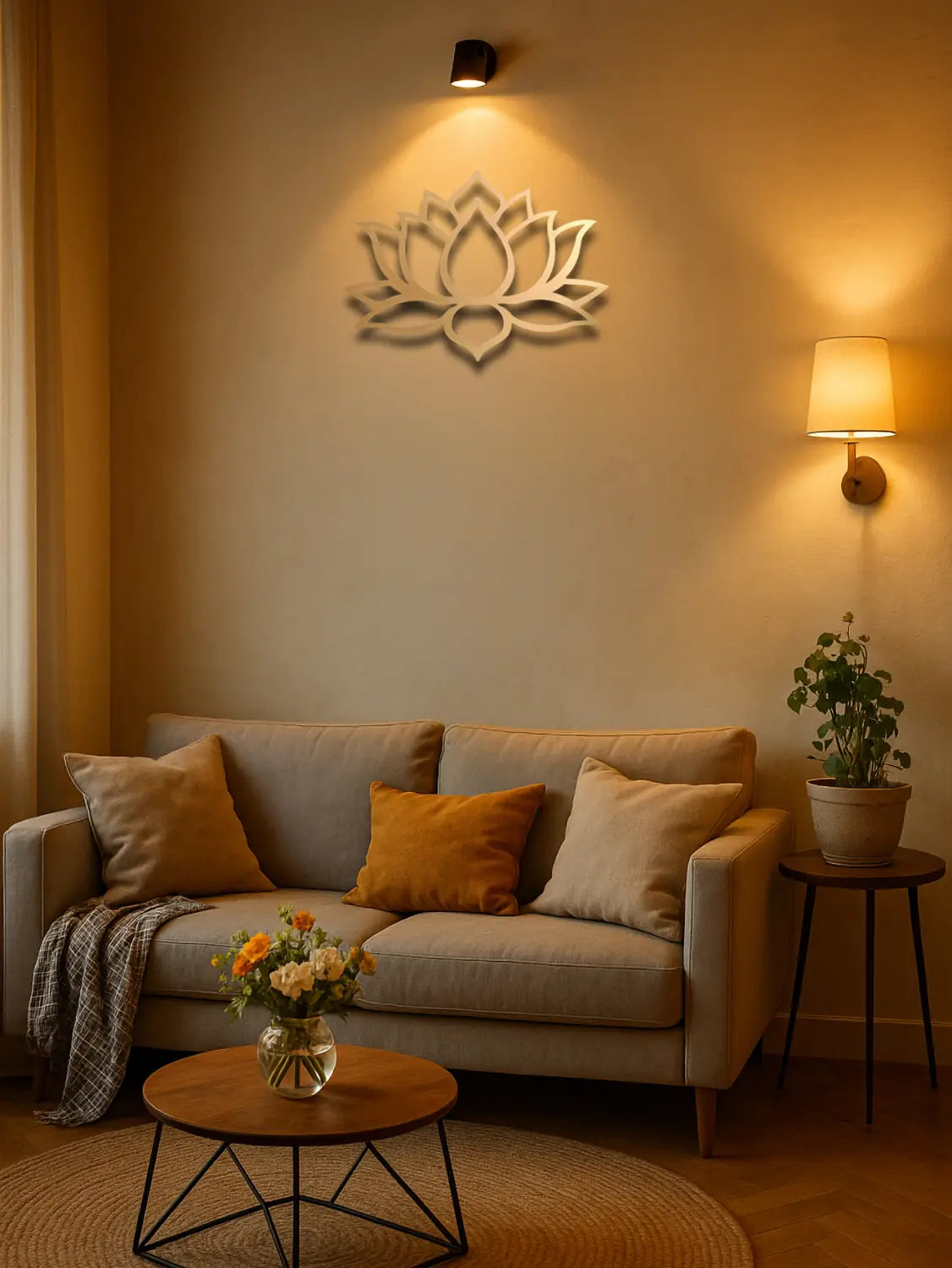 Weiße Wandkunst mit Lotus-Motiv aus Holz, die ein modernes goldfarbenes minimalistisches Design für die Wandkunst aus Metall präsentiert.