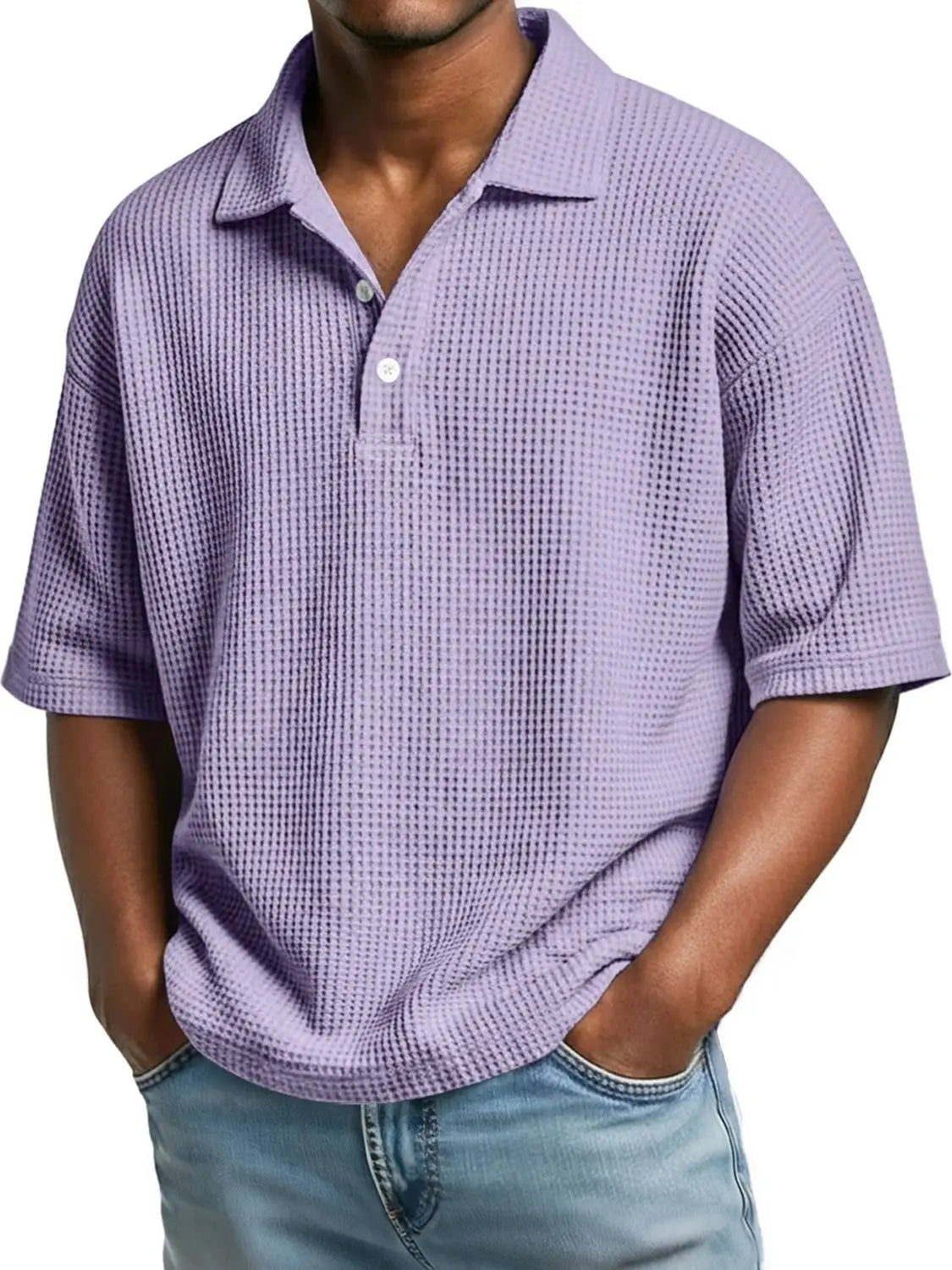 A lavender men’s slim fit waffle knit polo shirt with short sleeves and a collar.