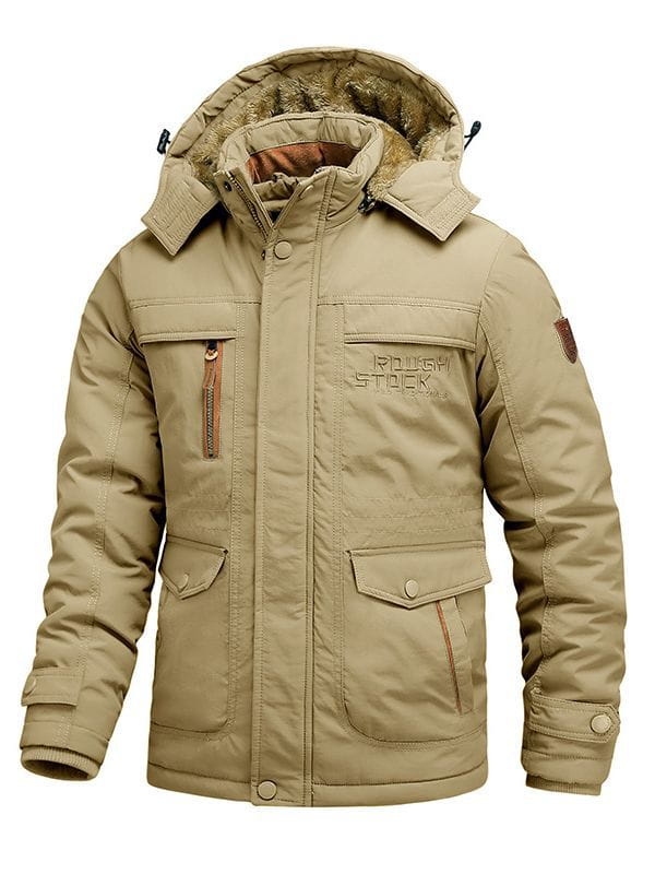 Manteau d’hiver pour homme doublé en polaire, veste à capuche beige, avec matière isolante beige, capuche doublée de fourrure, poches multiples et tirettes de fermeture éclair marron.