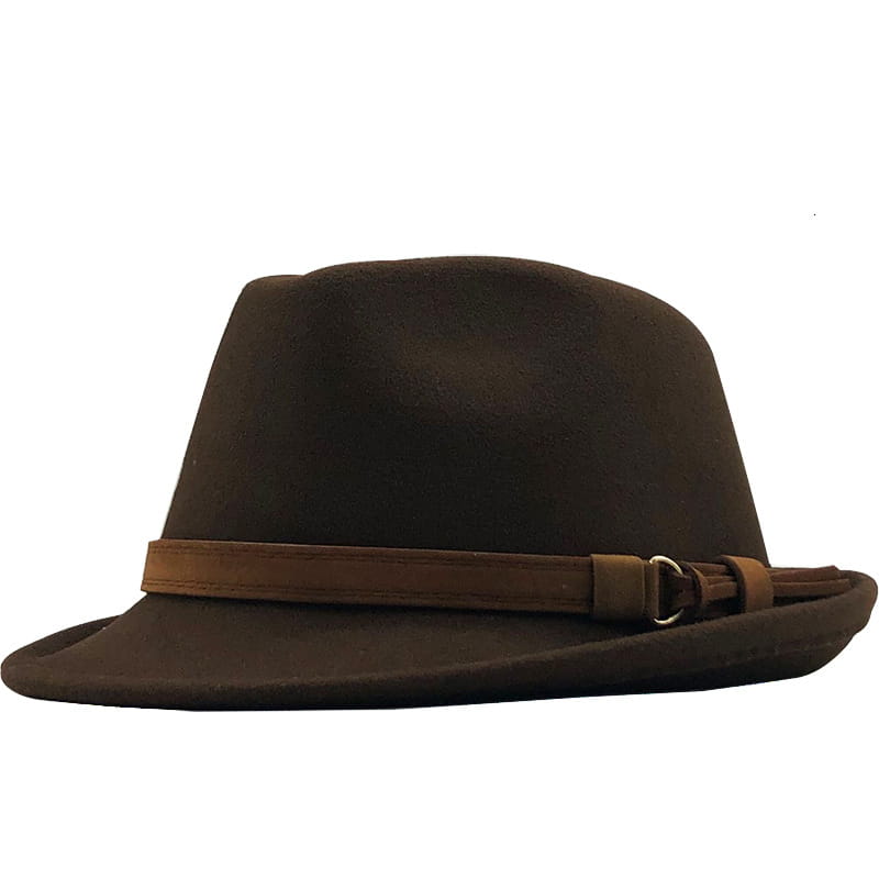 Dark brown wool fedora hat featuring a contrasting tan leather strap and buckle.