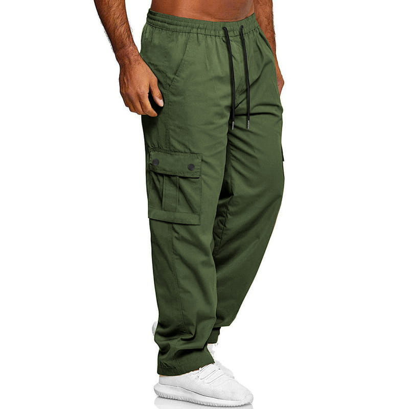 Mens straight leg cargo work pants in olive green featuring black drawstring waistband and buttoned flap pockets designed for durability and functionality.
