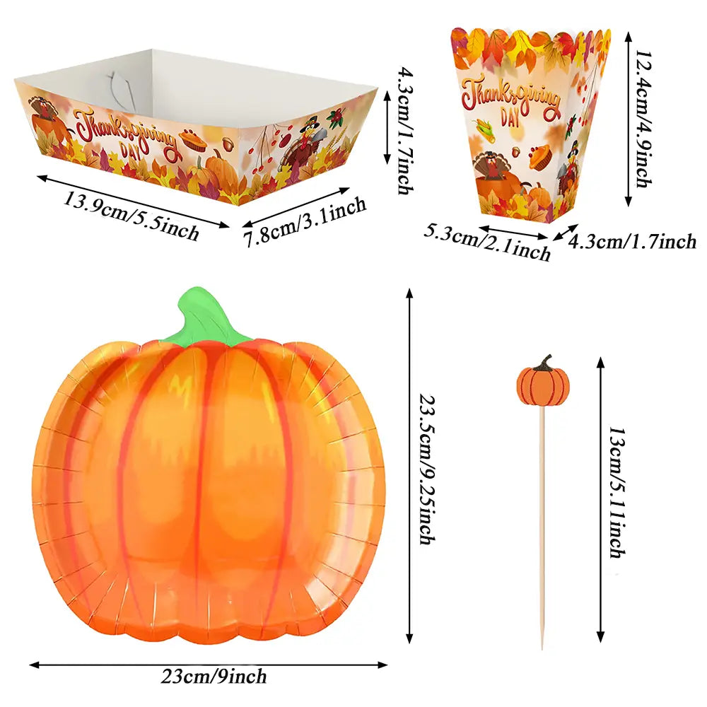 Thanksgiving pumpkin paper plate in orange with a green stem and ribbed texture designed for fall tableware sets.