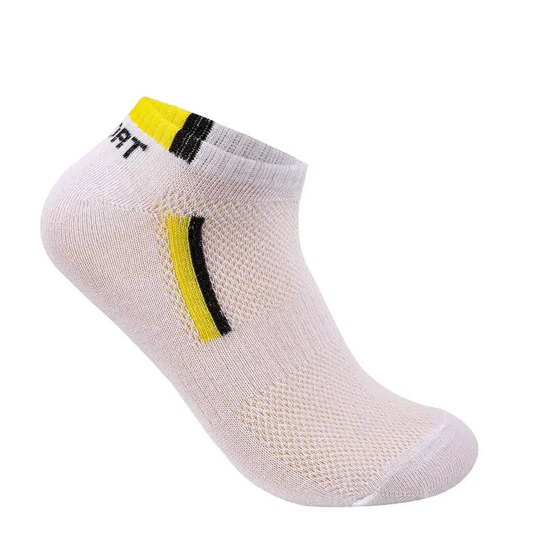 Men’s low cut athletic striped cotton sock in white with yellow and black stripes featuring a breathable mesh design.