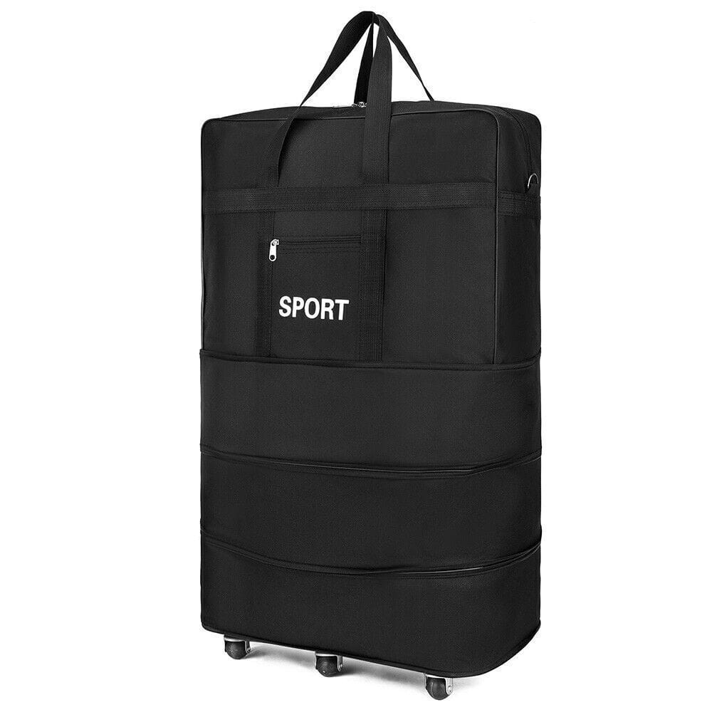 Black 42 inch expandable lightweight rolling travel garment bag with sport printed in white on the front featuring a top handle and multiple zippered compartments.