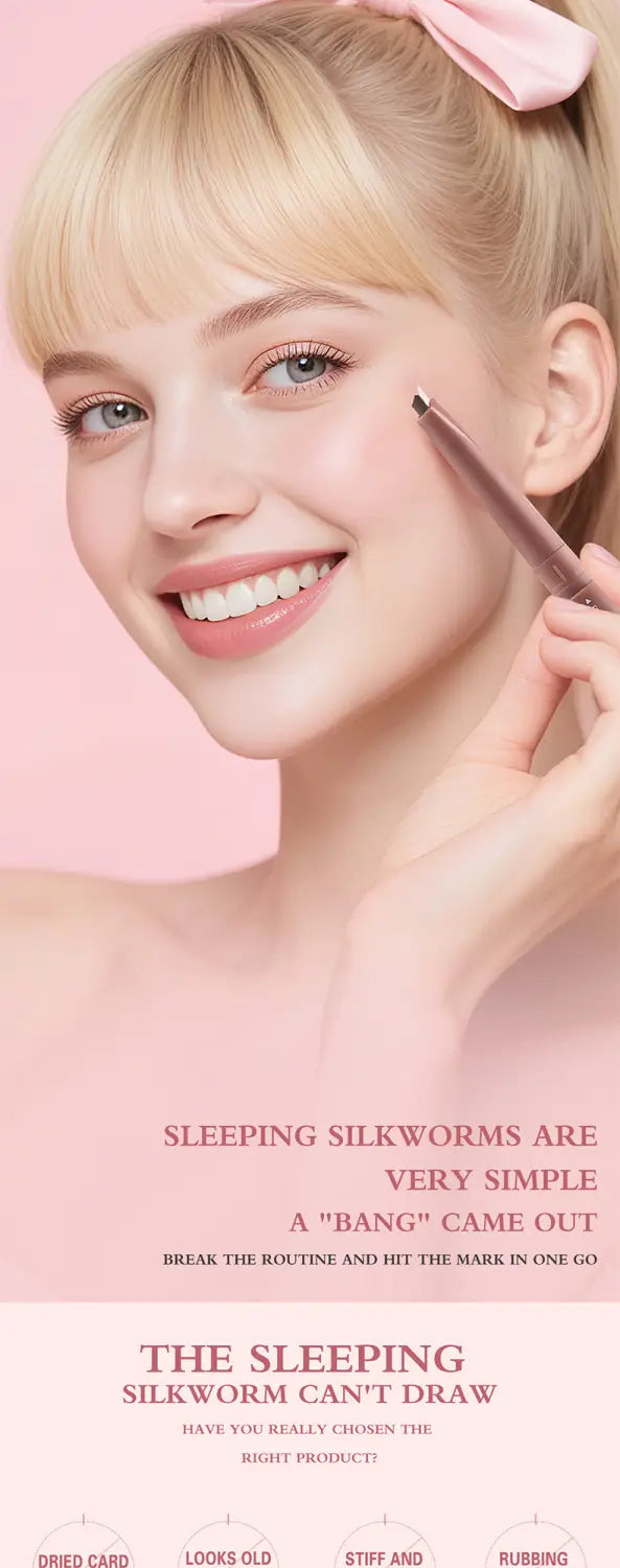 A pink bow hair accessory with a soft fabric texture and gentle curve paired with a rose gold dual ended eyeshadow and silkworm pen.
