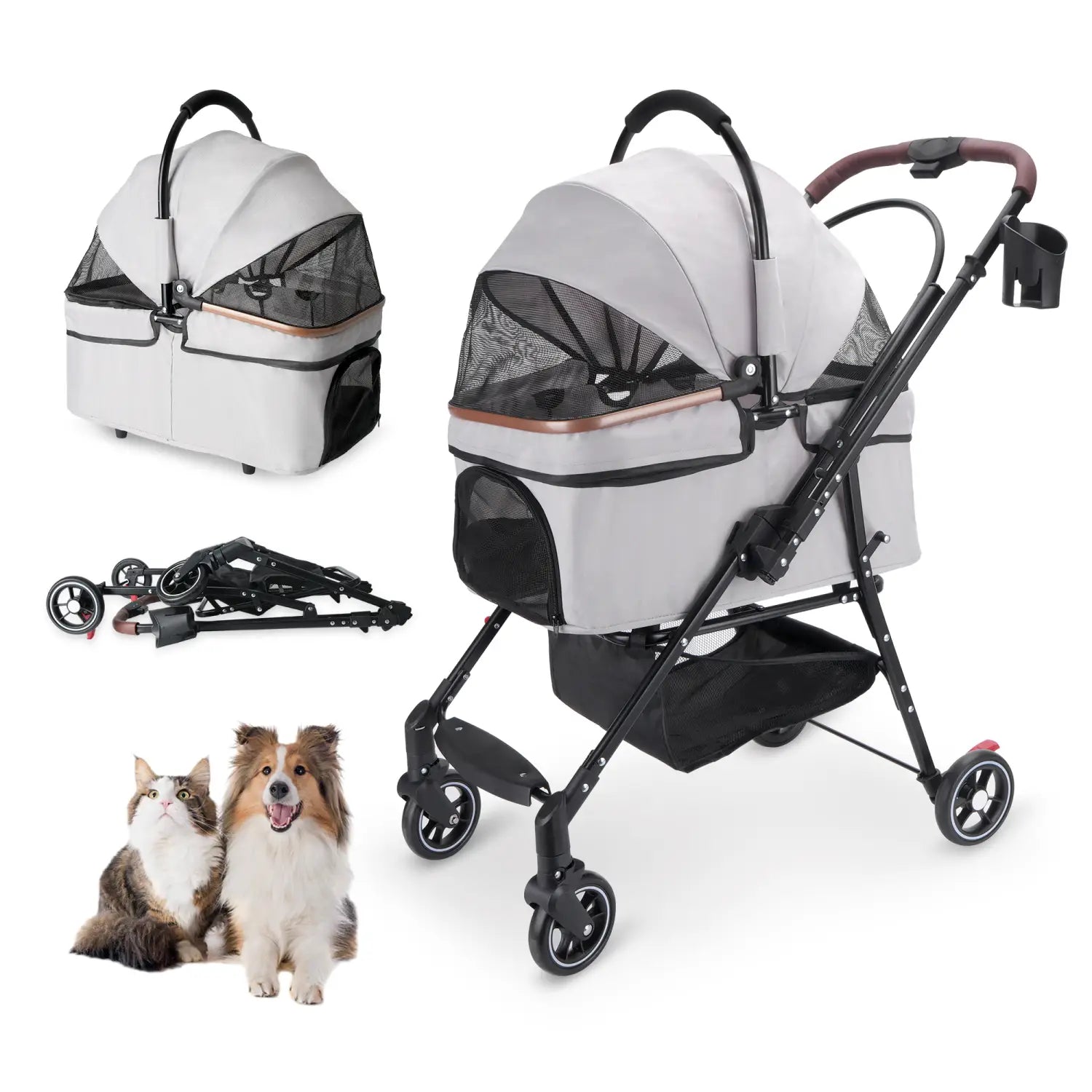 Foldable pet stroller for small dogs and cats in gray and black with mesh sides, foldable frame, and four wheels.
