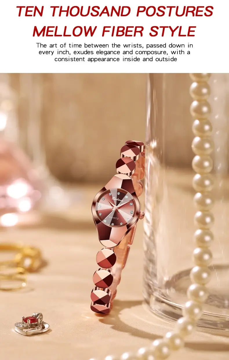 Rose gold-toned luxe geometric faceted bracelet watch with diamond accents on the dial and a distinctive geometric bracelet design.