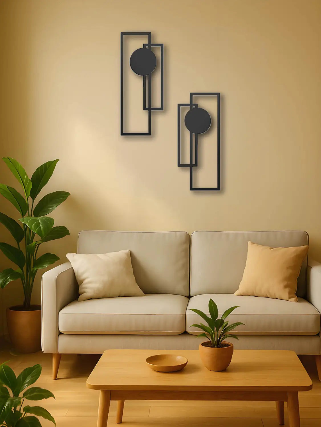Modern black metal wall art set featuring abstract geometric rectangular frames with circular accents designed for contemporary decor.