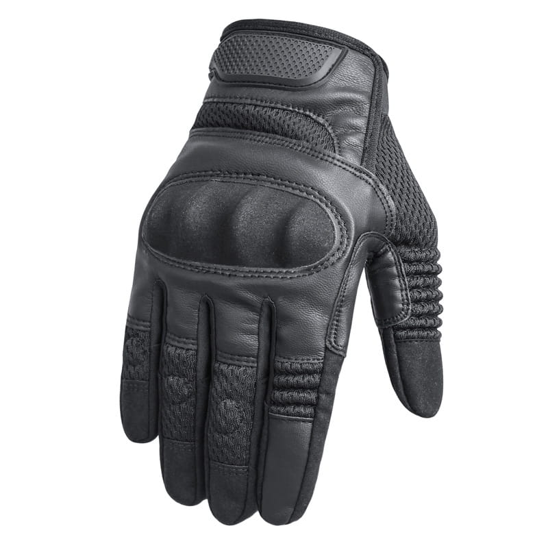 Gant de moto tactique en cuir noir avec rembourrage renforcé et panneaux en maille respirante, présenté de profil arrière.