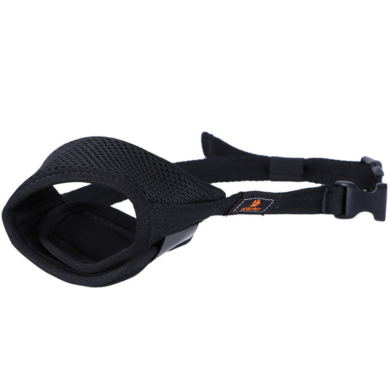 Black mesh dog muzzle with adjustable strap and buckle designed for large dogs.