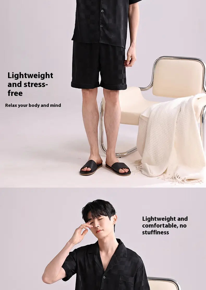 black satin men’s ice silk pajama shorts with a button-front design for lightweight summer sleepwear
