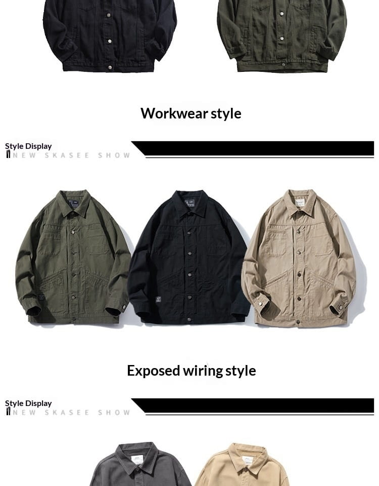Three workwear style jackets in olive green black and beige with button closures and multiple pockets for casual retro utility outerwear are displayed including a mens black denim jacket.