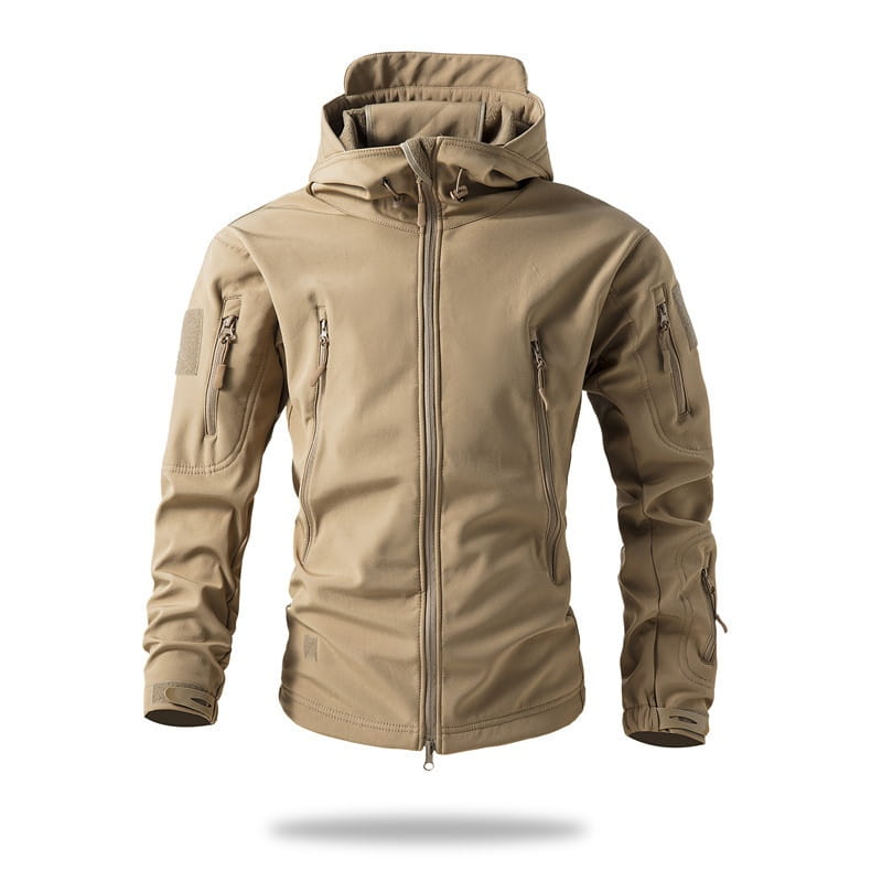 Men’s waterproof tactical fleece soft shell jacket in tan with a hood, multiple zippered pockets, and durable water-resistant fabric for outdoor use.