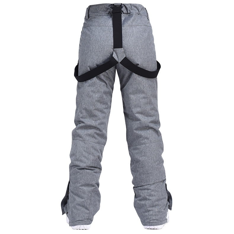Men waterproof thermal snow pants in gray with black adjustable straps and reinforced knee panels.