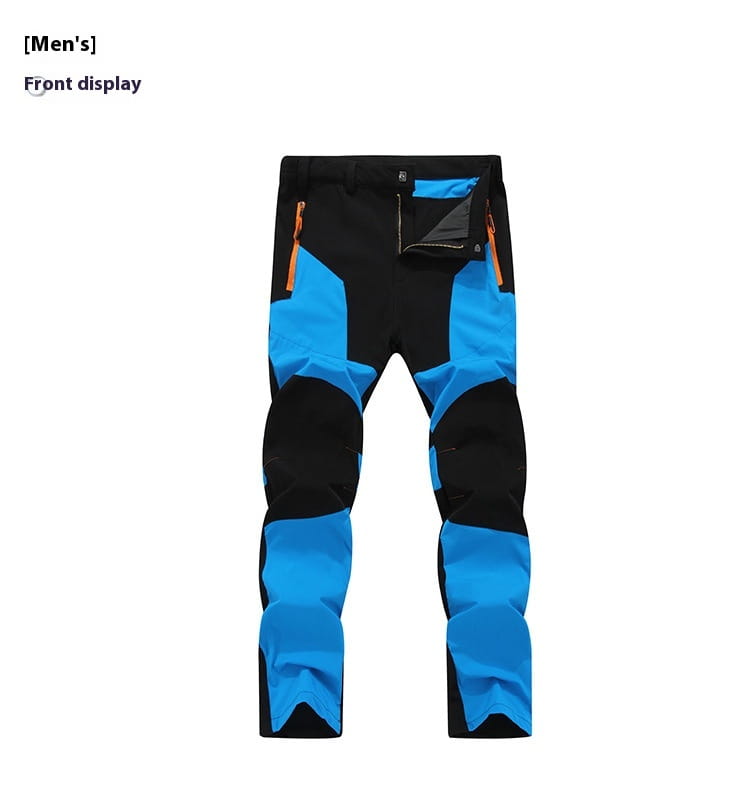 Men’s waterproof tactical hiking pants in black and bright blue with orange zipper accents designed for durability and outdoor use.