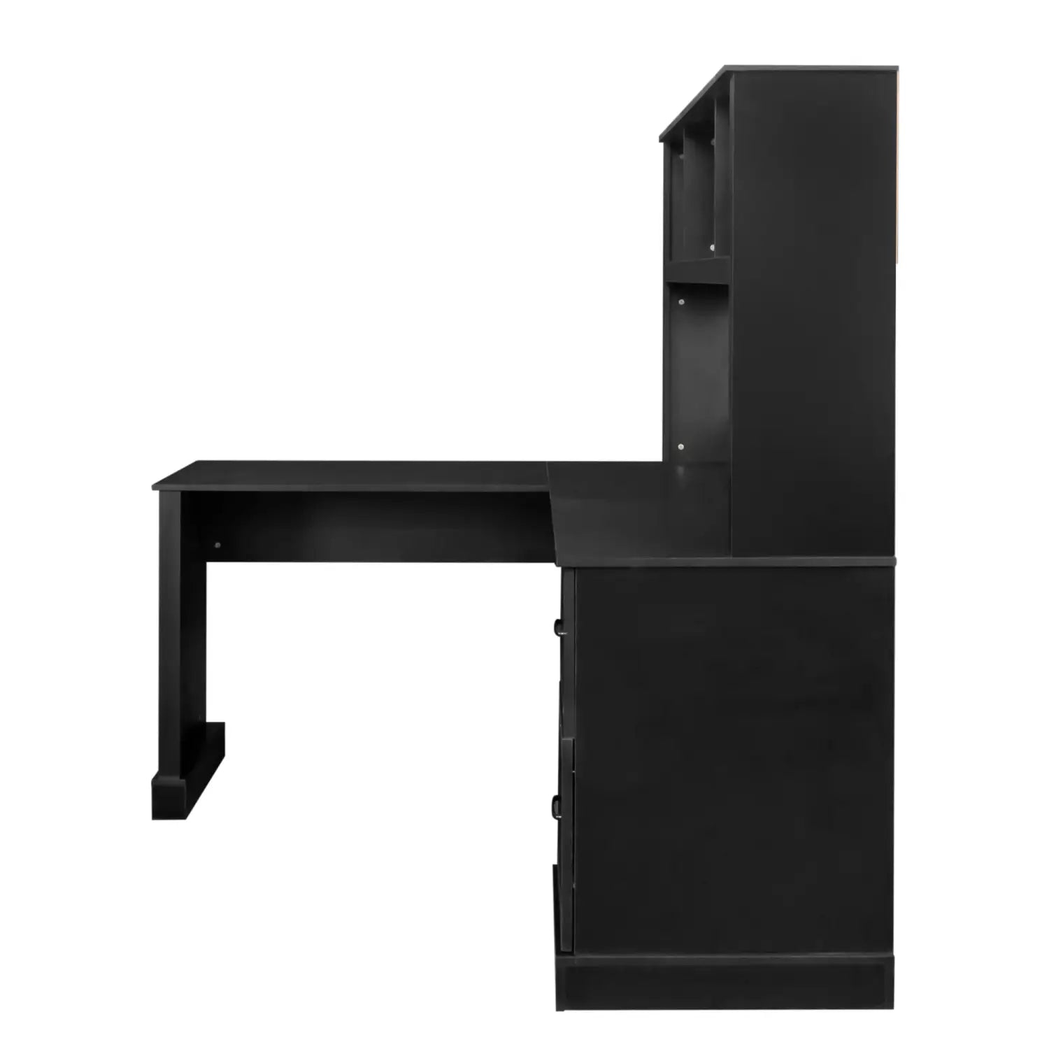 Bureau d’ordinateur en forme de L noir avec hutch et tiroirs, comprenant une bibliothèque intégrée pour un usage professionnel organisé.