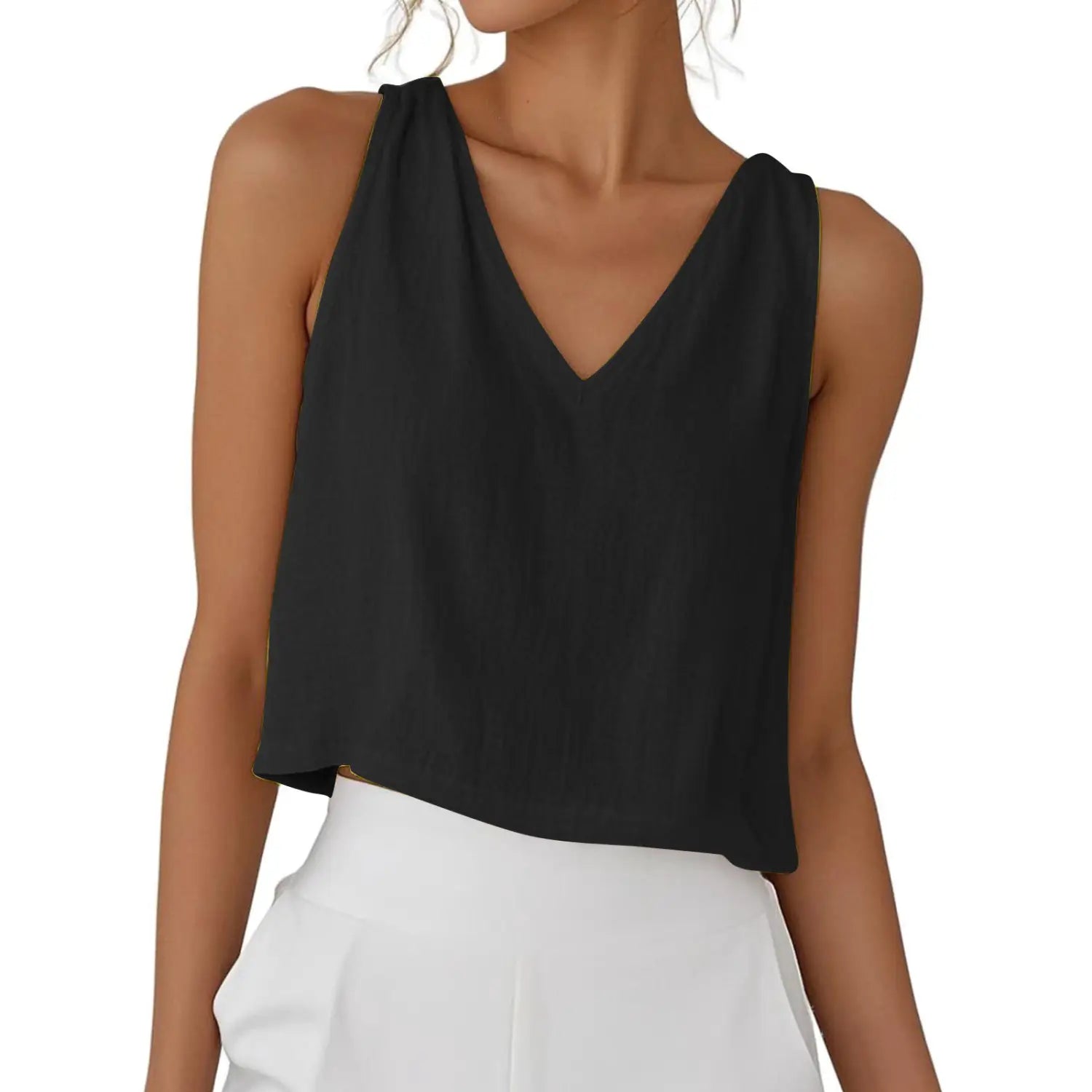 Schwarzes ärmelloses Crop-Top mit V-Ausschnitt aus weichem Baumwoll-Leinen-Gewebe für angenehmen, lässigen Tragekomfort.