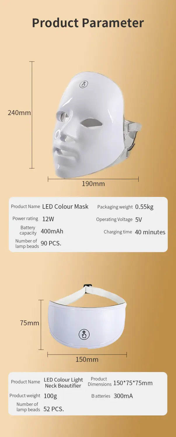 White LED beauty mask with sleek smooth surface and adjustable headband in a 3-in-1 rejuvenation set including a roller