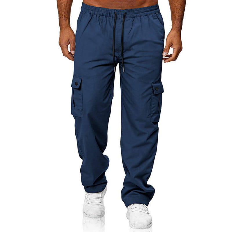 Navy blue mens straight leg cargo work pants featuring side pockets and a drawstring waistband.