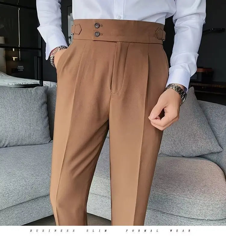 Tan high-waisted slim-fit formal trousers with a structured waistband and two front buttons in Korean style slim fit men trousers.