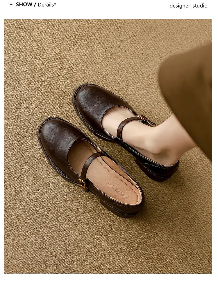 Dark brown leather mary jane flats with a classic strap and low block heel.