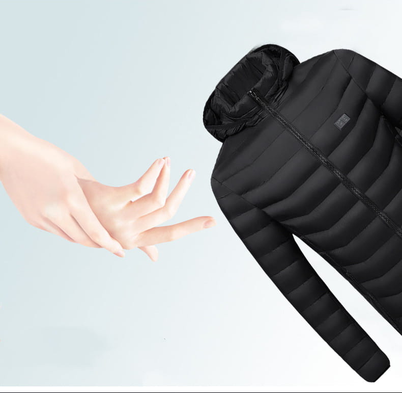 Black quilted puffer jacket with electric heating, detachable hood, and zipper closure designed for multi-zone warmth and comfort.