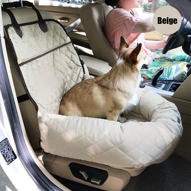 Beige quilted dog car seat bed with padded cushioned design and black trim featuring a waterproof foldable carrier.