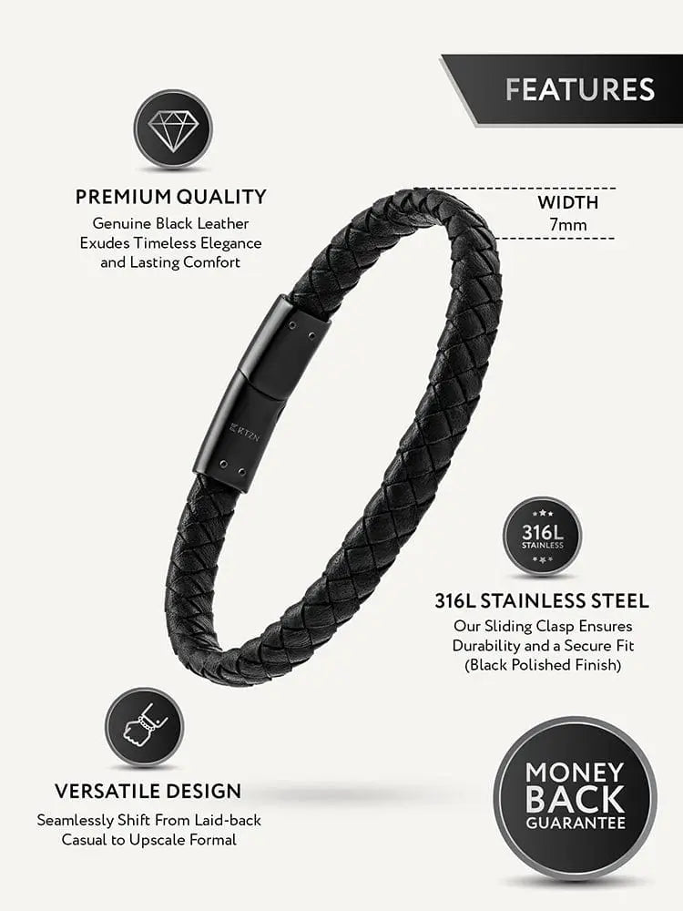 7mm black braided leather bracelet with a sleek black 316l stainless steel sliding clasp for secure wear