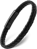7mm black braided leather bracelet with sleek black magnetic stainless steel clasp for stylish wear