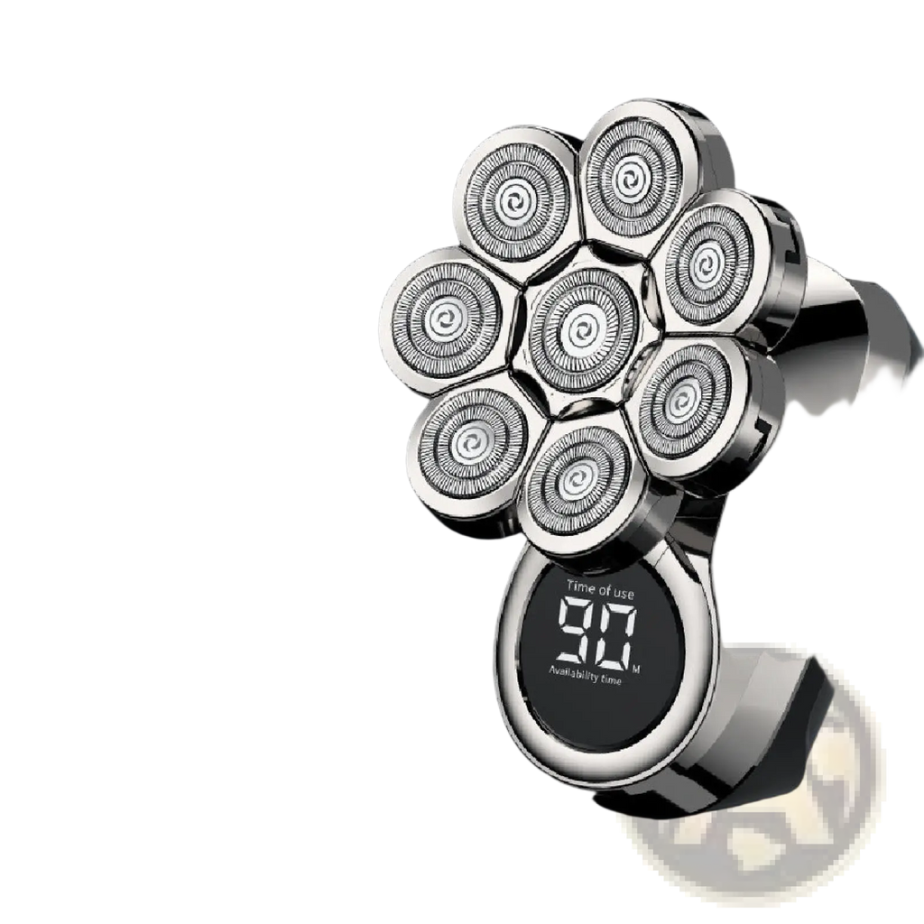 Silver 8-in-1 electric head shaver with seven circular shaving heads and digital display showing 90 minutes usage time