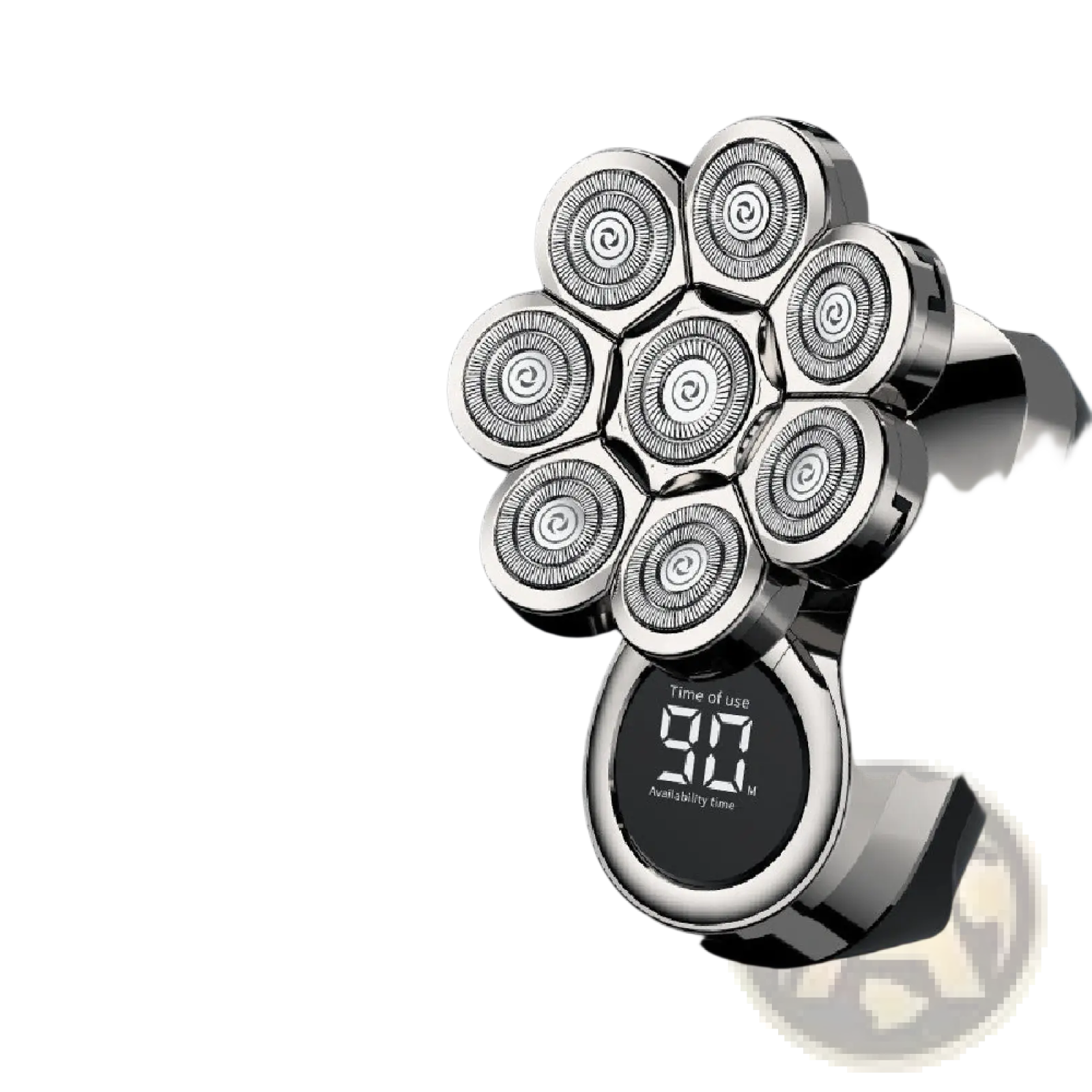 Silver 8-in-1 electric head shaver with seven circular shaving heads and digital display showing 90 minutes usage time