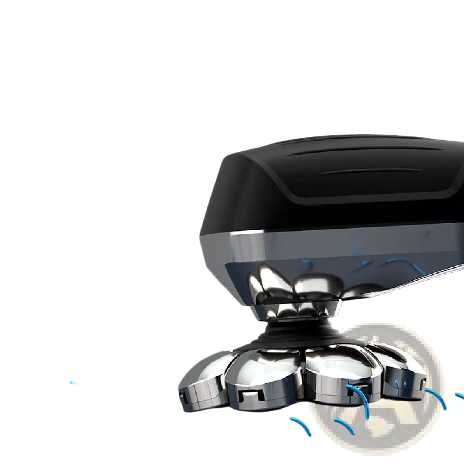 Black and silver 8-in-1 electric head shaver with five rotating blades and a sleek modern design for waterproof grooming