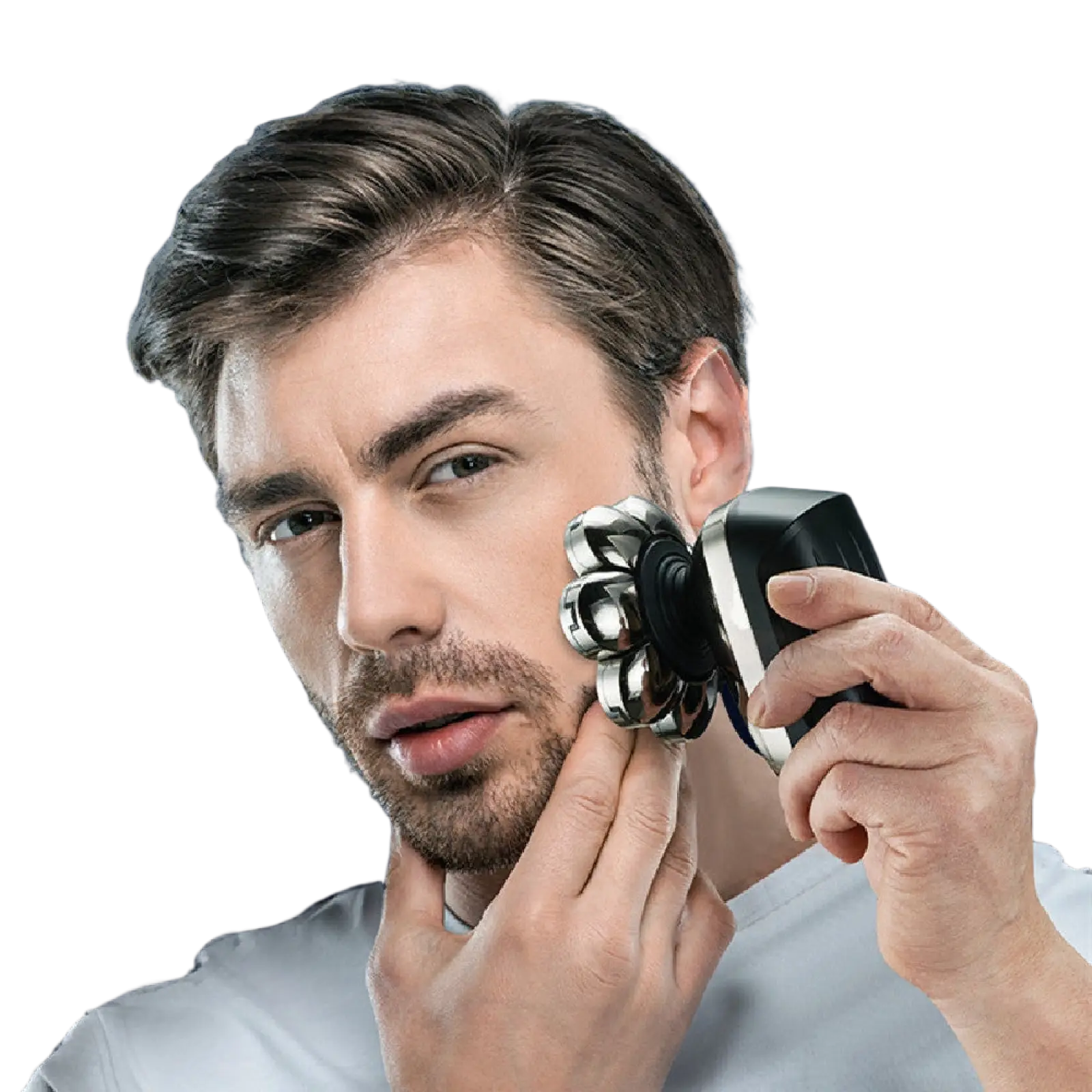 Silver and black multi-blade electric razor with sleek modern design in 8-in-1 electric head shaver waterproof grooming kit