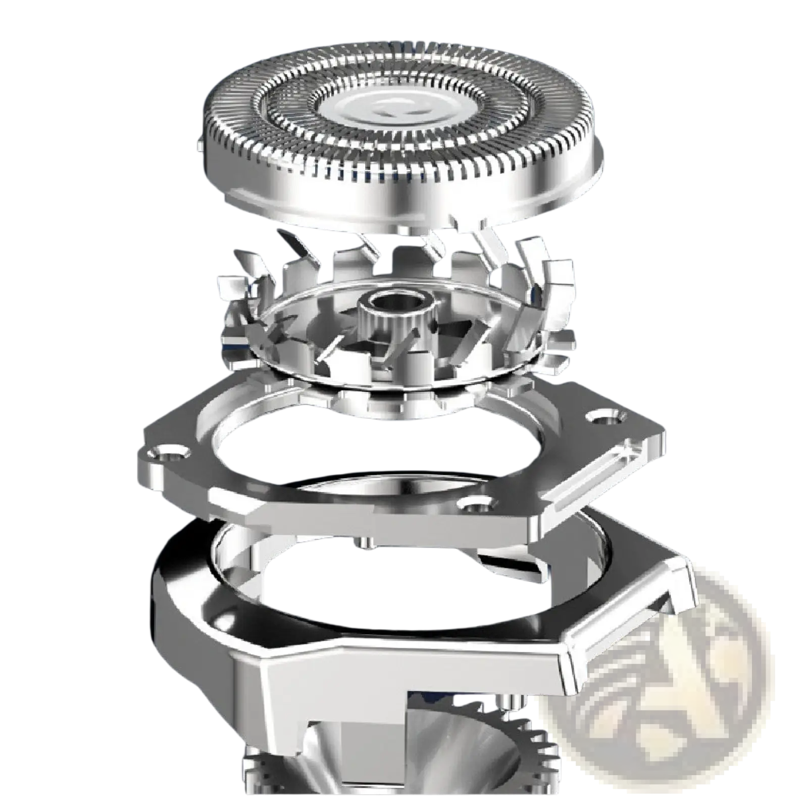Silver metallic razor head assembly with intricate gear and blade components for 8-in-1 electric waterproof shaver kit