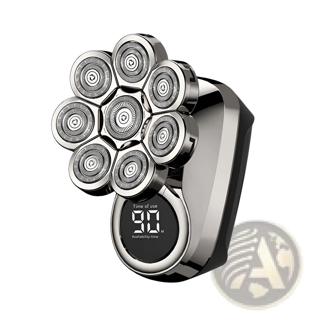 Silver and black 8-in-1 electric head shaver with seven circular rotary heads in a flower pattern waterproof grooming kit