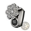 Silver and black 8-in-1 electric head shaver with seven circular rotary heads in a flower pattern waterproof grooming kit