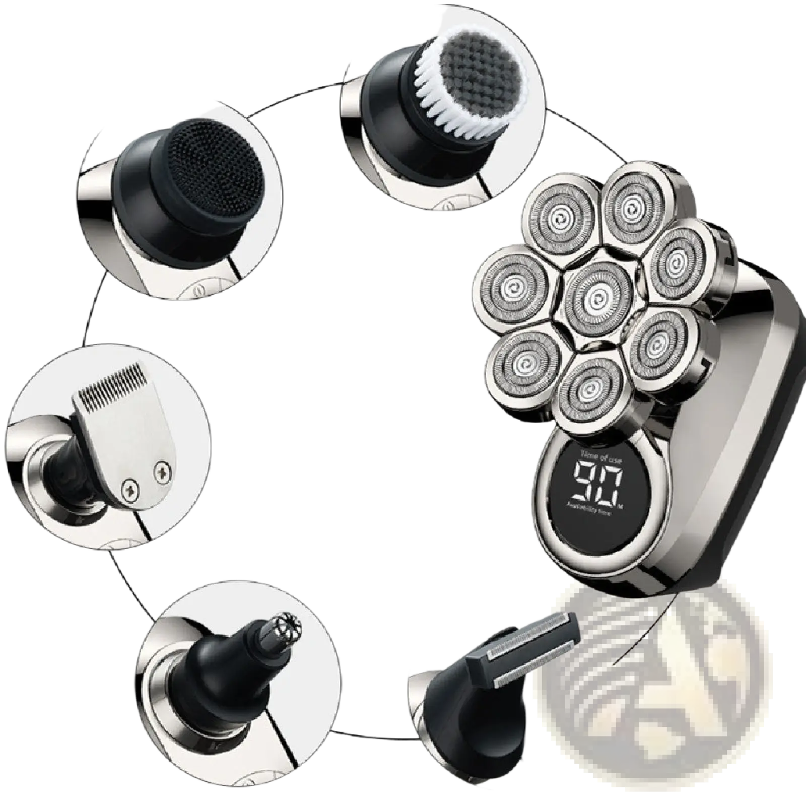 Silver and black 8-in-1 electric head shaver with seven rotary heads and digital battery level display waterproof grooming kit