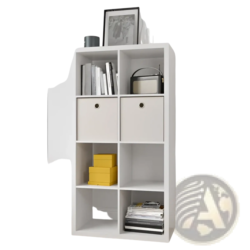 White modular 8 cube bookshelf organizer with open cubbies and two fabric lined drawers for home and office use